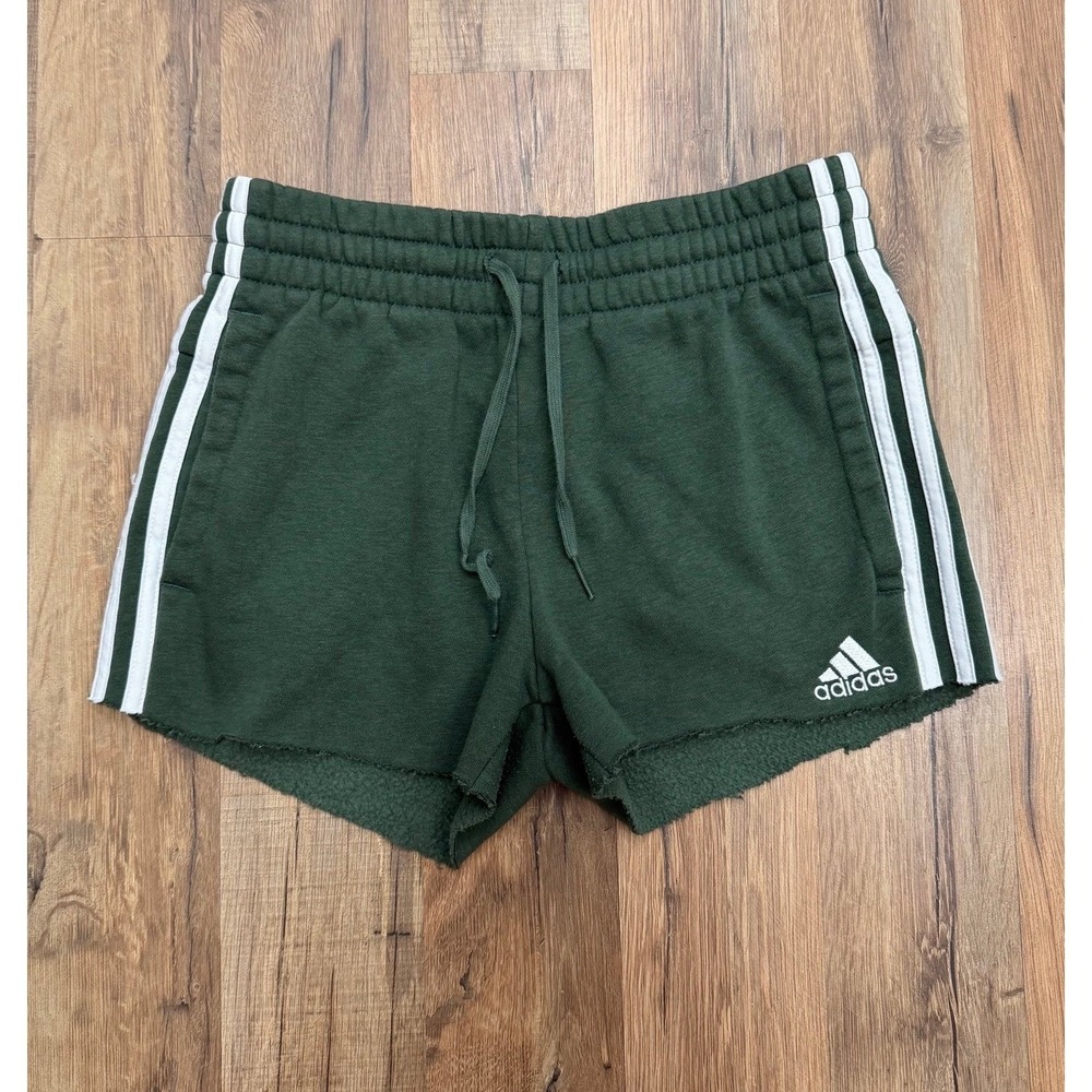 Adidas Girls Green Fleece Shorts 3 Stripe Drawstring Logo XS Youth - Picture 2 of 9